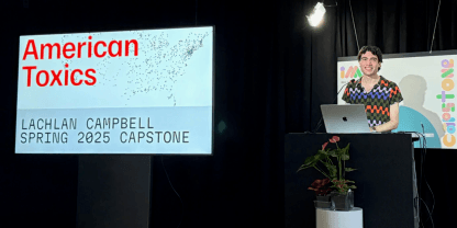 Lachlan smiling at a podium giving a presentation with a title slide of American Toxics on a large TV